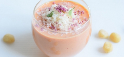 Frullato di Lamponi, pesca e macadamia