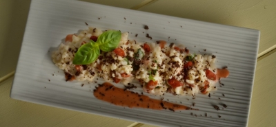 Vialone nano mantecato con Goji berries, fragole e massa di cacao